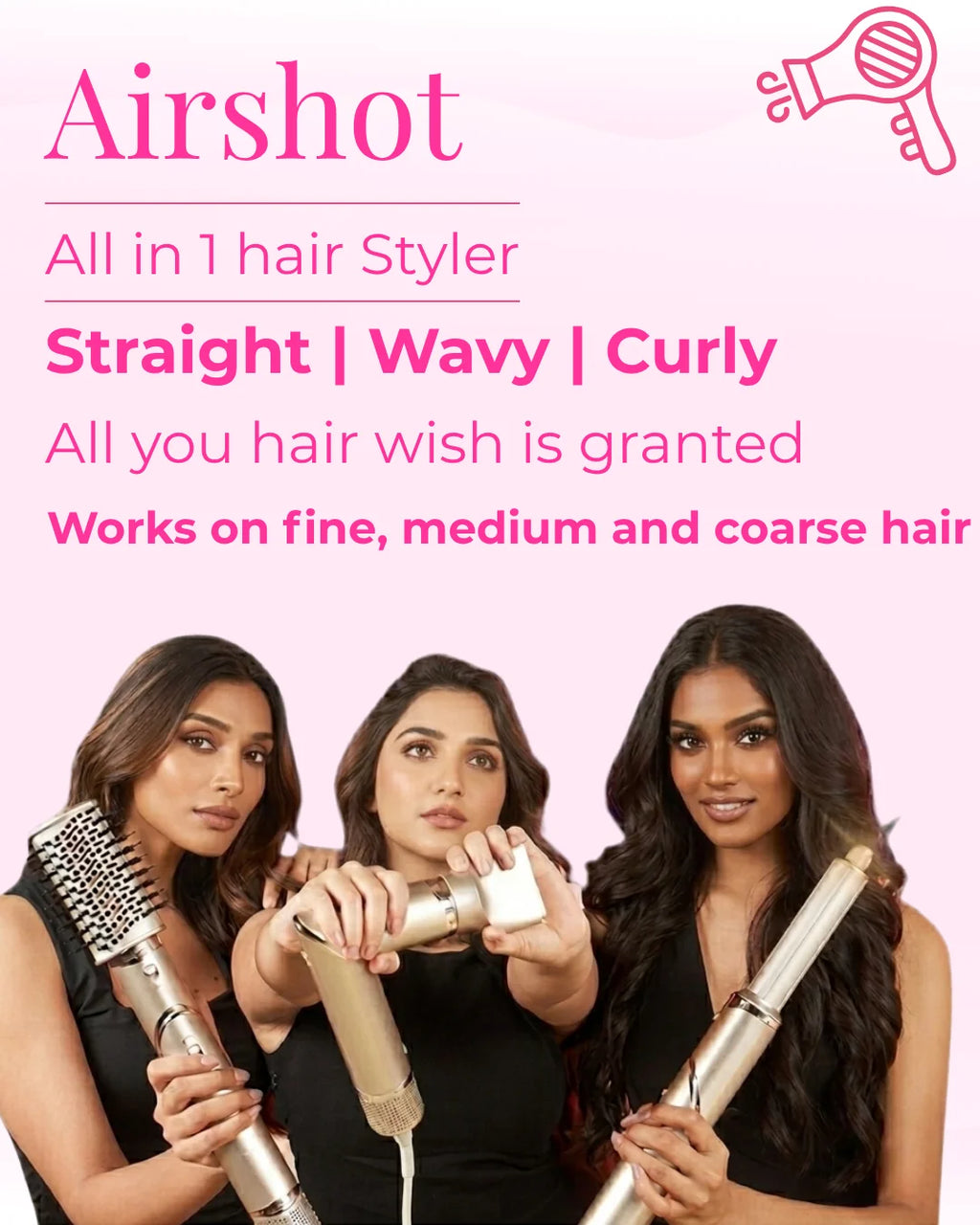 Airshot, All in 1 Hair Multi-styler | 8 Attachments | Curl, Smooth, Dry, Blow, Volume
