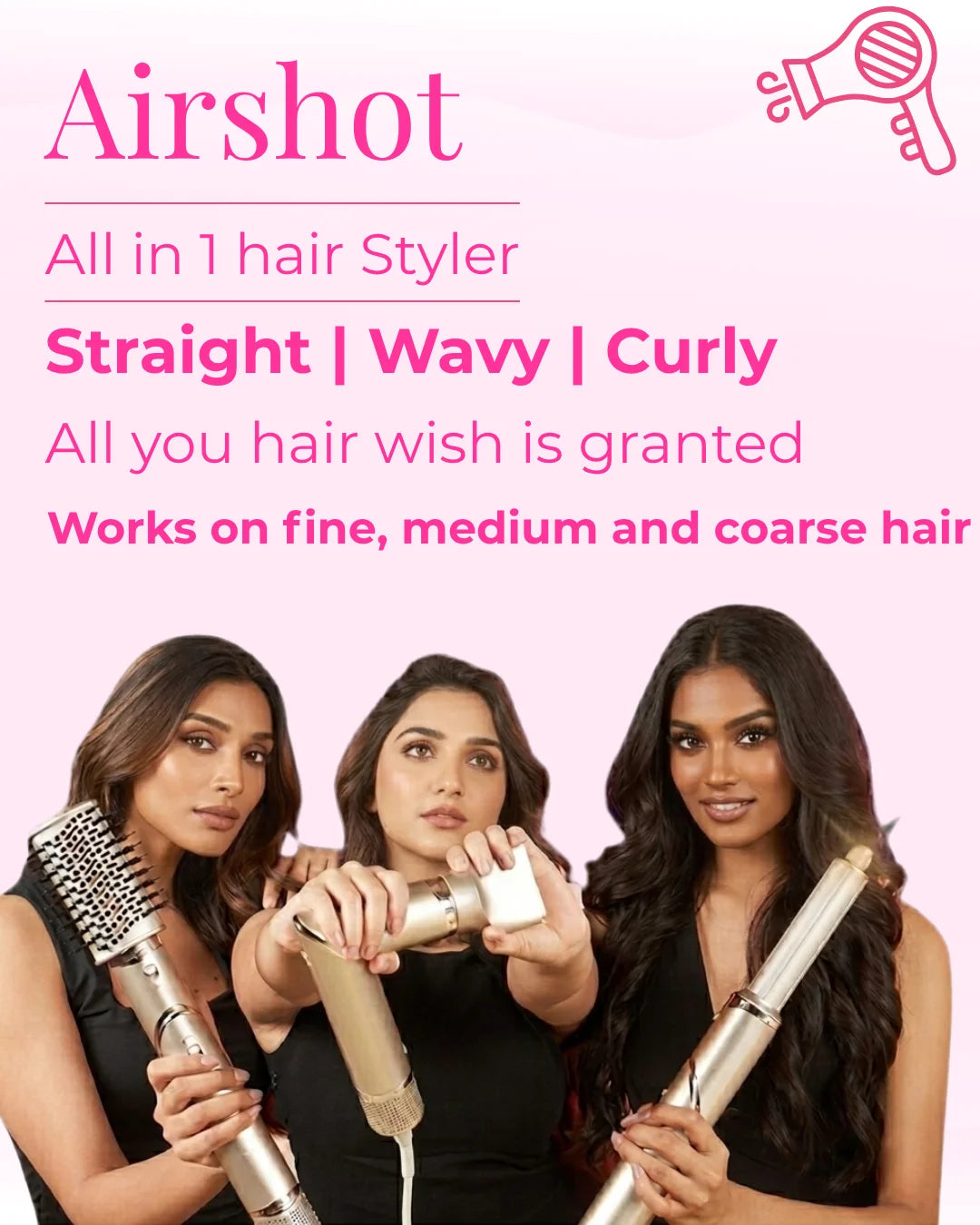 Airshot, All in 1 Hair Multi-styler | 8 Attachments | Curl, Smooth, Dry, Blow, Volume