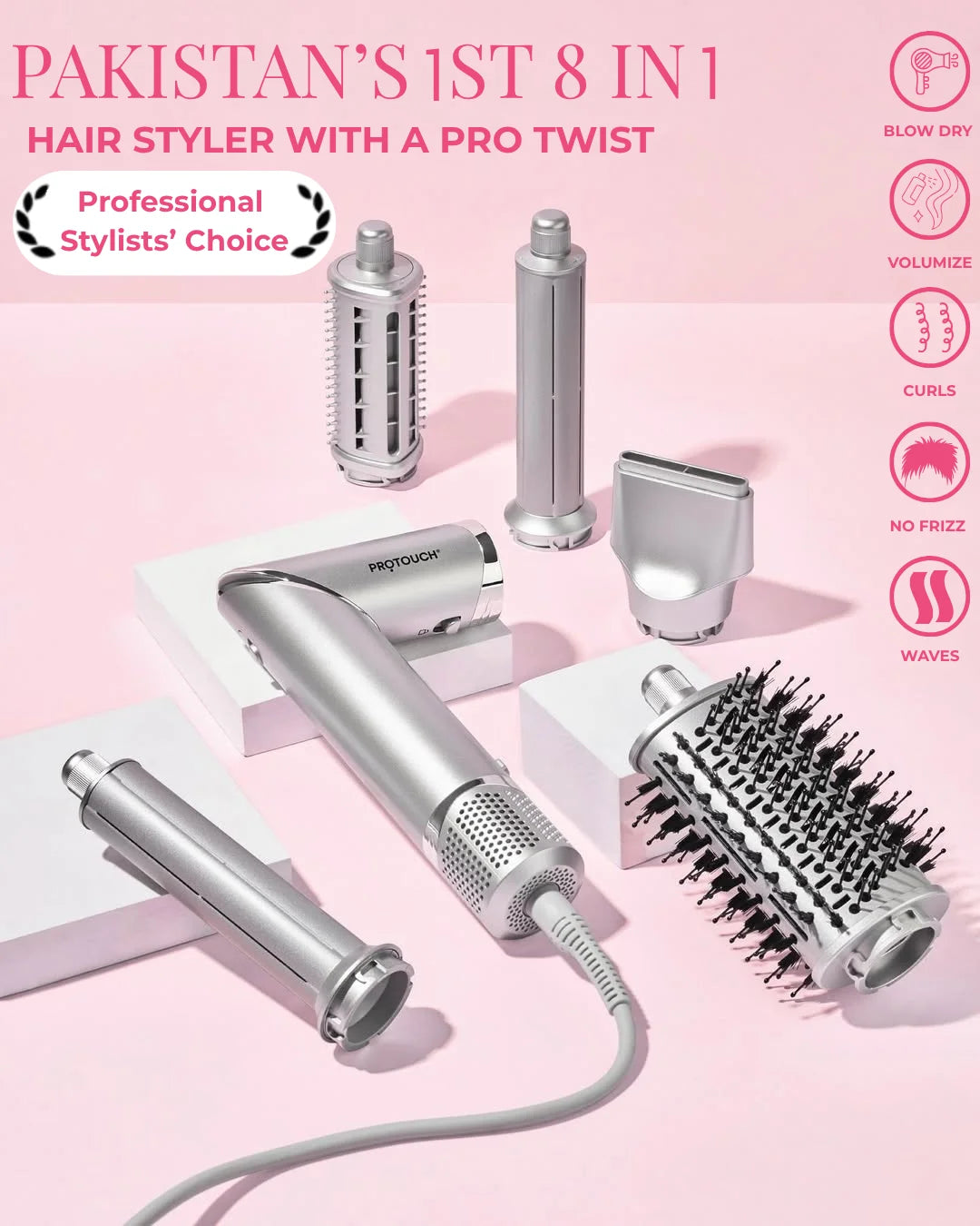 Airshot, All in 1 Hair Multi-styler | 8 Attachments | Curl, Smooth, Dry, Blow, Volume